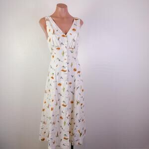 Blu Pepper Beach Palm Toile Print Linen Midi Dress Breezy Summer White sz M NWT
